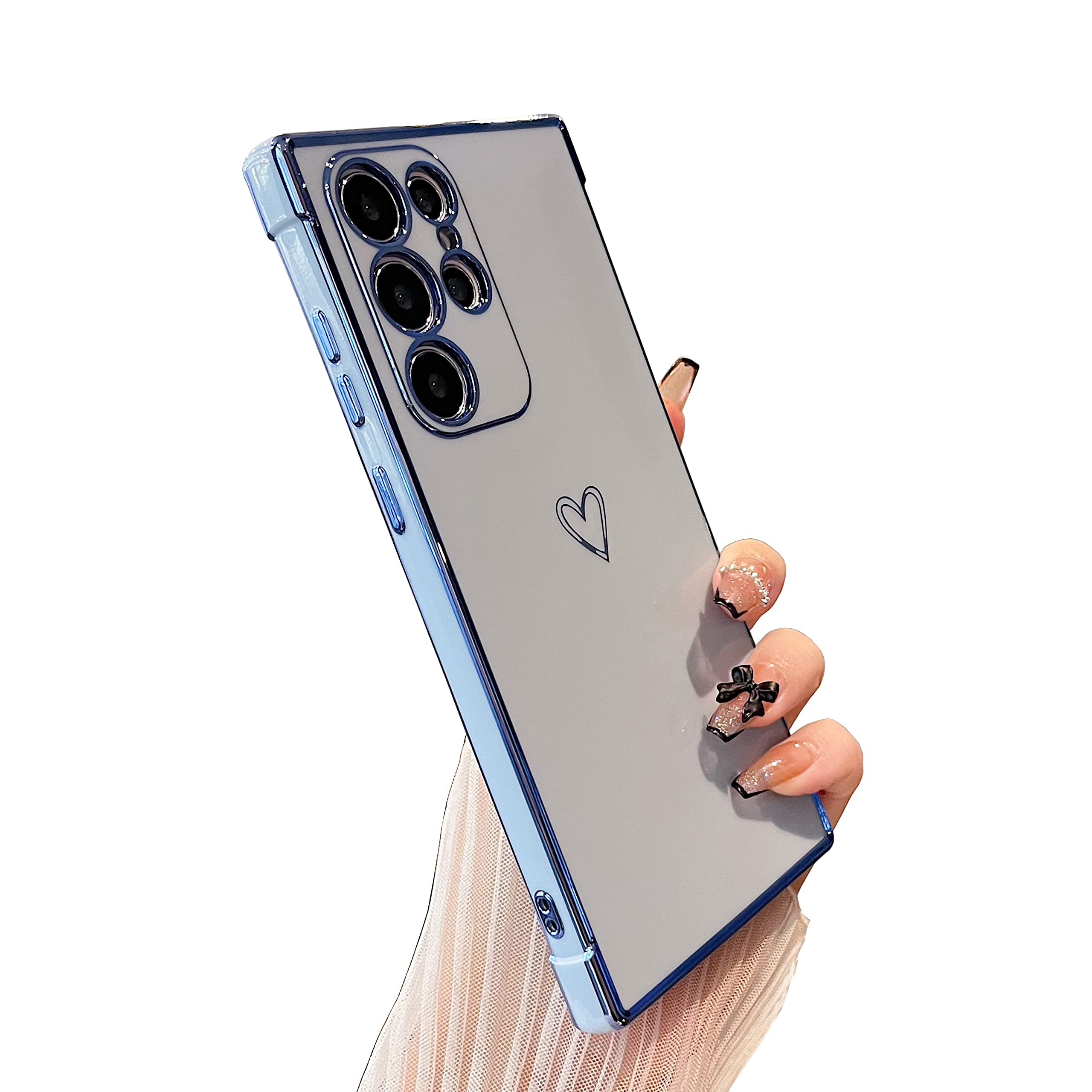 DEFBSC Compatible with Samsung Galaxy S25 Ultra Case with Gold Heart, Luxury Plating Edge Bumper Cute Case with Full Camera Protection for Women Girls, Anti-Scratch Shockproof Phone Cover, Blue