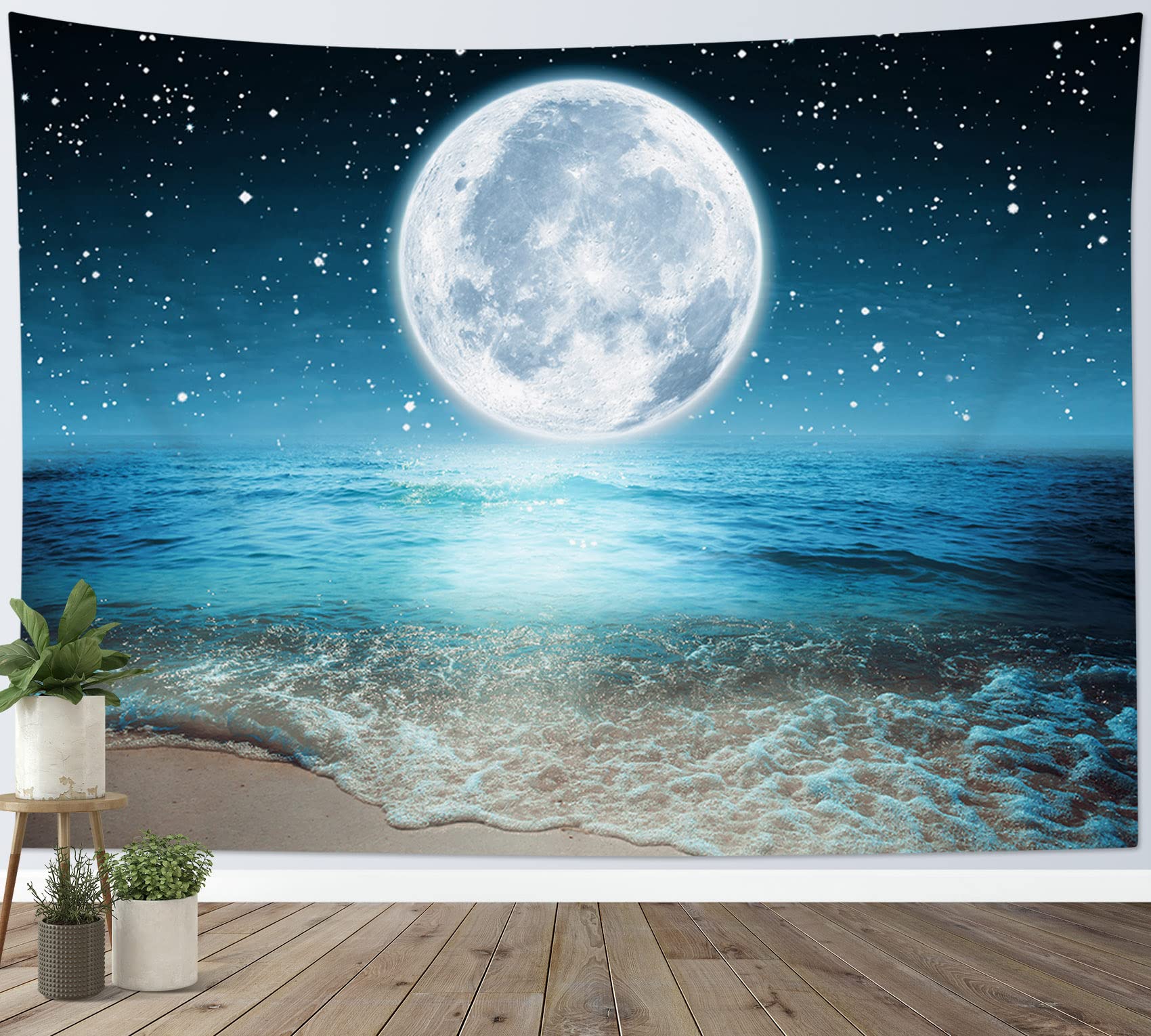 LB Blue Sea Tapestry Bright Moon in Black Night Sky Tapestry Wall Hanging Beach Scenery Tapestries for Living Room Bedroom Dorm Wall Decor,78x59 inch