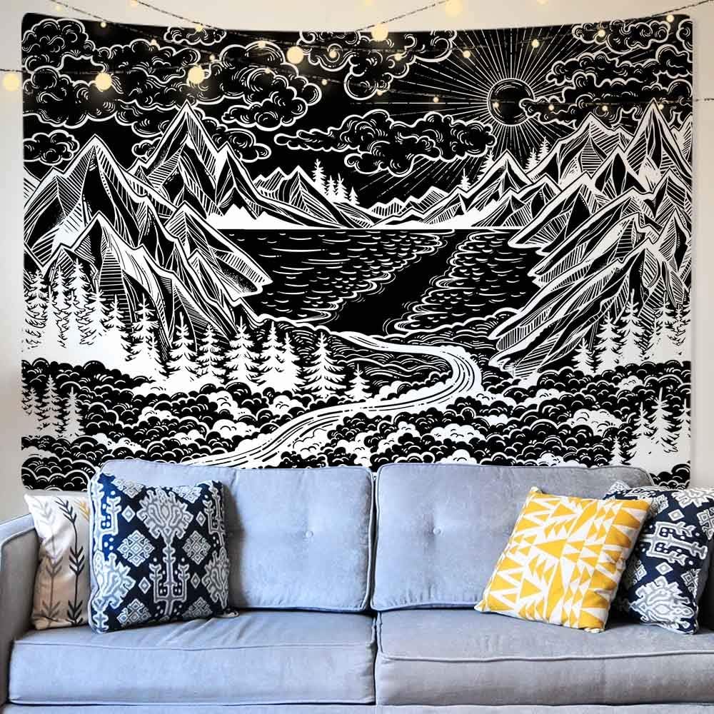 Black and White Tapestry Wall Hanging, Mountain Sun Tree Forest Ocean Wave Nature Landscape Art Tapestries, Cool Black Wall Tapestry for Bedroom College Dorm Living Room Aesthetic Wall Decor, 59 x 78.7 inches