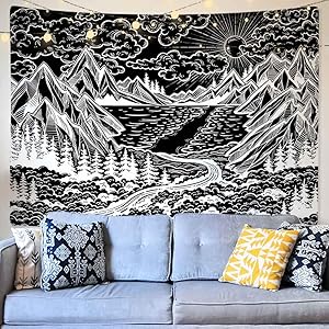 Black and White Tapestry Wall Hanging, Mountain Sun Tree Forest Ocean Wave Nature Landscape Art Tapestries, Cool Black Wall Tapestry for Bedroom College Dorm Living Room Aesthetic Wall Decor, 59 x 78.7 inches