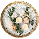 i-lan 16 Inch Round Mother of Pearl Inlay Rattan Platter Tray,Rattan Coffee Bread Serving Tray with MOP Inlay Wooden Base,Decorative Wicker Basket for Table Decor,Storage of Fruit,Candy