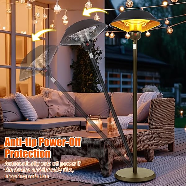 GLOOGLITTER PATIO ELECTRIC OUTDOOR HEATER STAINLESS STEEL 1500W STANDING INFRARED HEATERS WITH DUST COVER FOR INDOOR/OUTDOOR USE, 3 HEAT SETTINGS, FAST HEATING, HEIGHT ADJUSTABLE, TIP-OVER PROTECTION