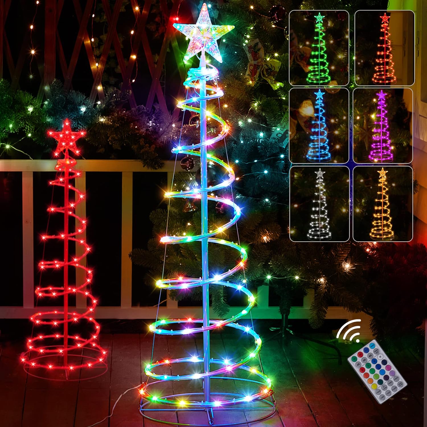 Artificial Snow - Spiral Christmas Tree Lights, 4FT Artificial Tree with 16 Colors and Multicolor LED Lighted Mode, Remote, Timer, Star Topper, USB Powered for Xmas Garden Party Festival Indoor Outdoor Decorations