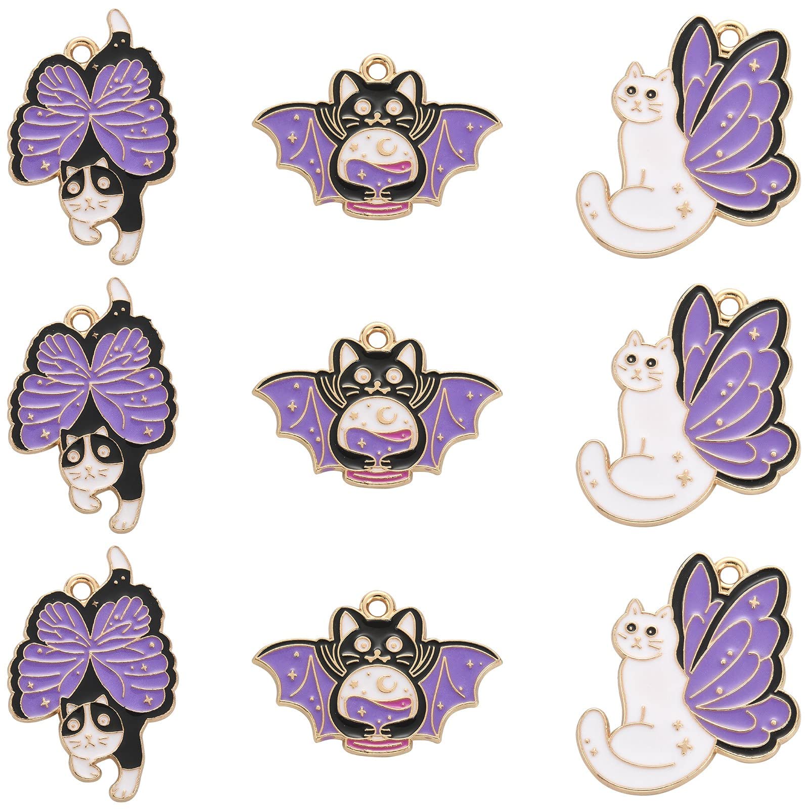 Stiesy 15Pcs 3 Styles Cat Bat Charms Enamel Purple Winged Cat Charm Halloween Black White Kitten Dangle Charms for DIY Crafts Bracelet Jewelry Making