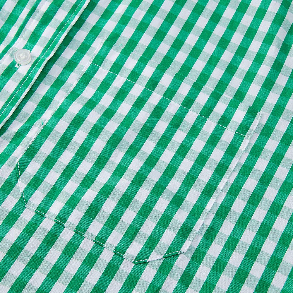 RAISEVERN Spring Autumn Mens Beer Party Plaid Shirts Spandex Casual Short Sleeve Soft Comfort Slim Fit Check Shirt Male Clothes, L, Green Plaid