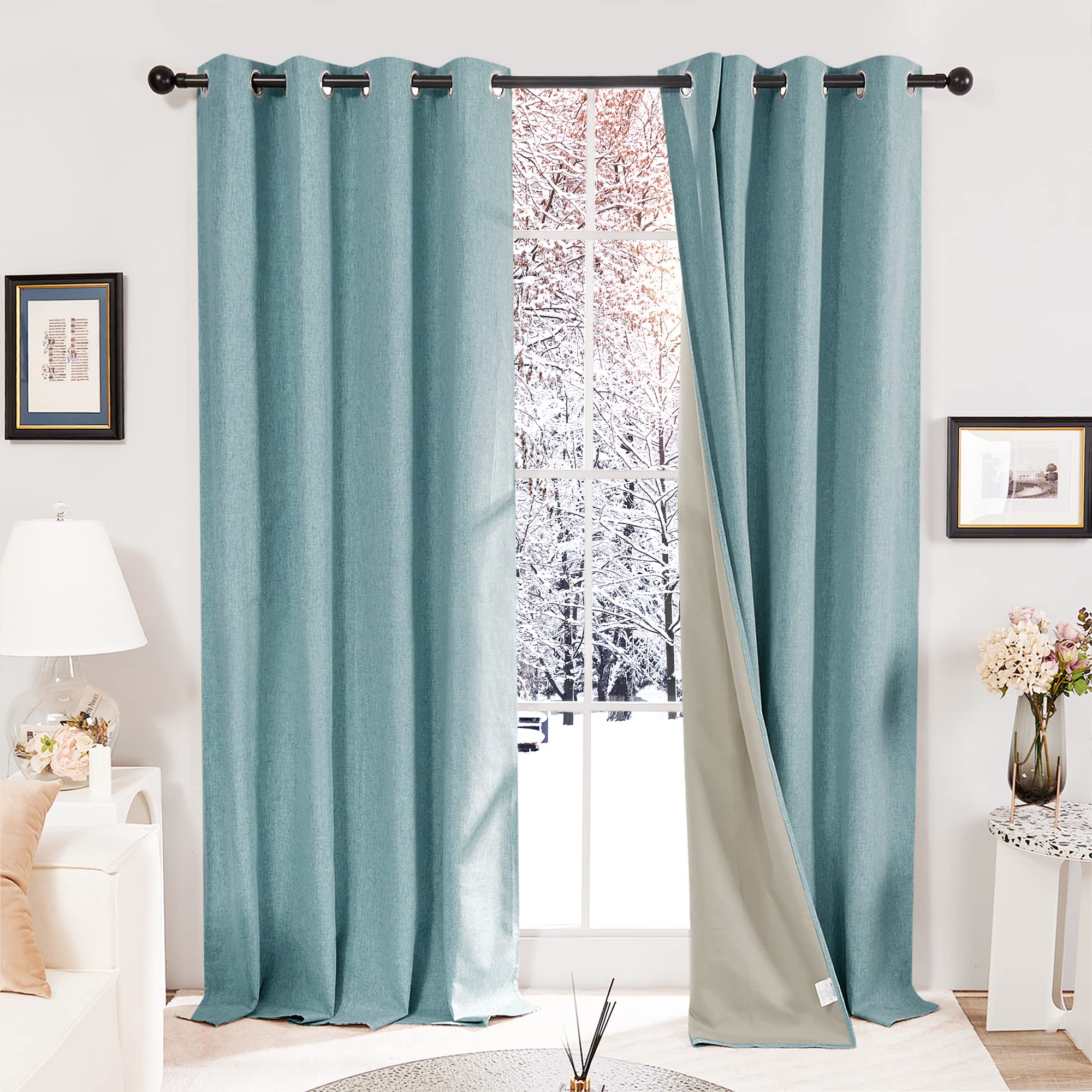 Deconovo Linen Effect 100% Blackout Eyelet Curtains Ring Top Energy Saving Curtains for Living Room Stone Blue W52 x L63 Inch Two Panels