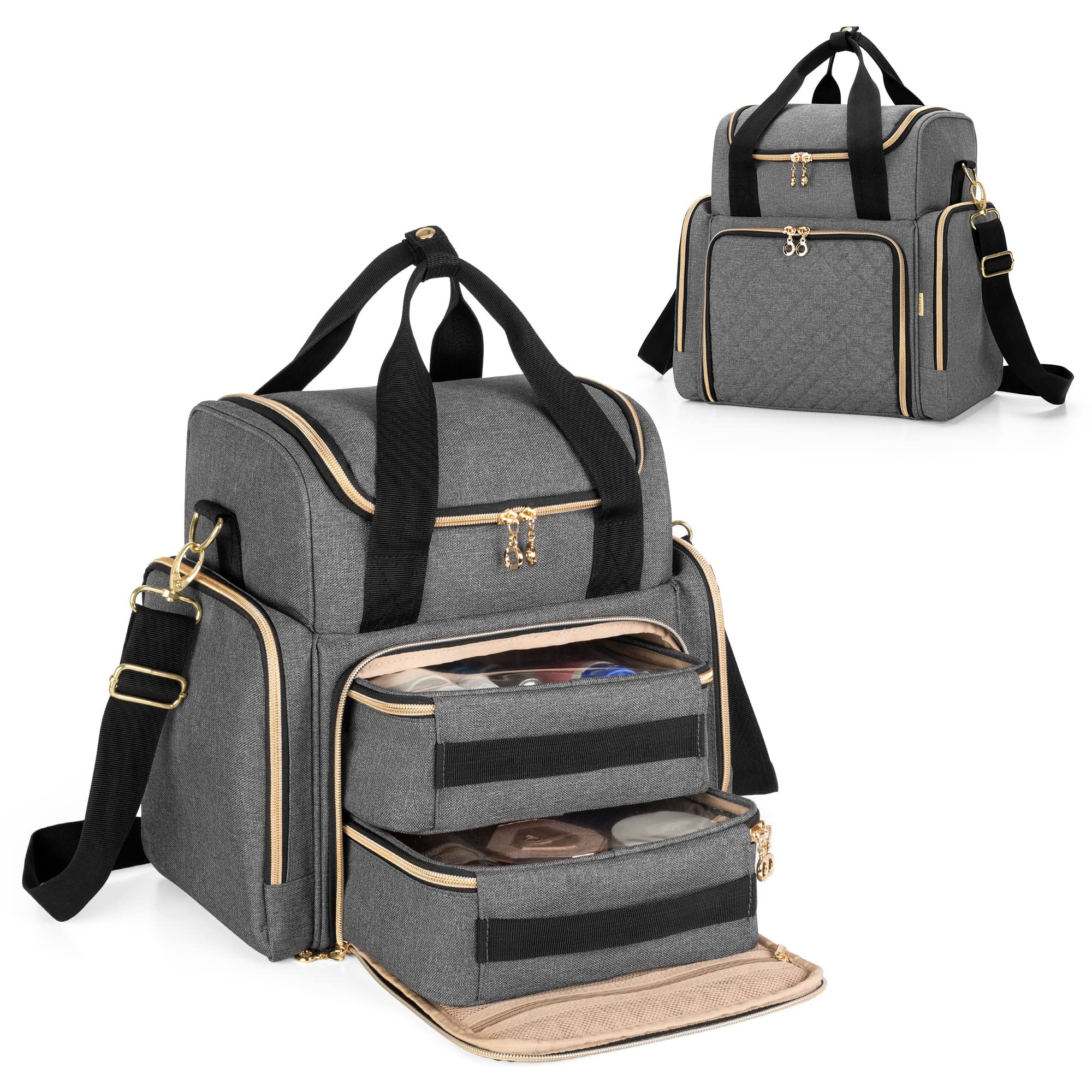 Luxja Travel Makeup Bag with 2 Removable Cases, Cosmetic Bag with Multiple Storage Sections (Patent Pending), Grey