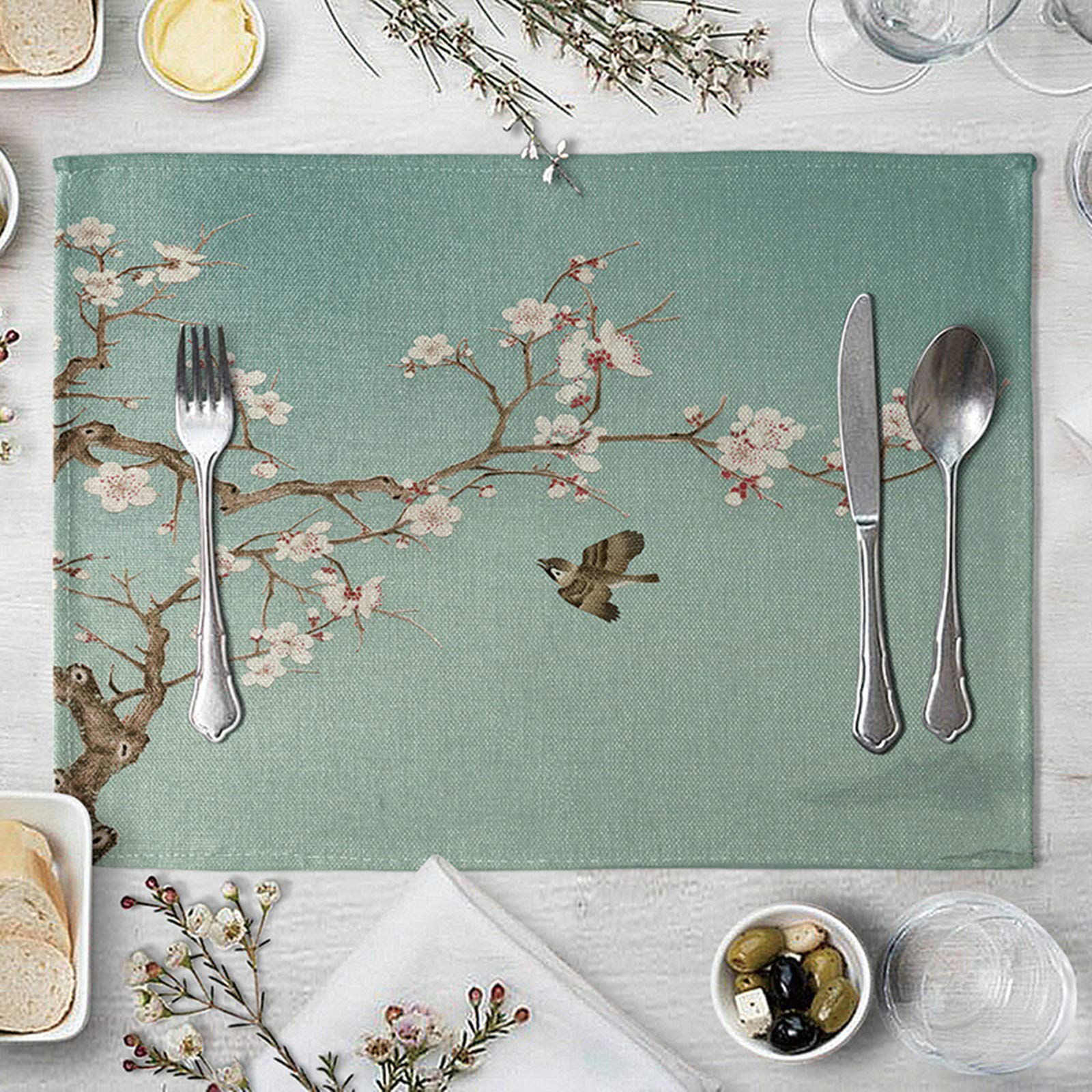 Daesar Dining Room Table Mat Set For 4, Linen Heat Resistant Placemats Peach Blossom Branches and Birds White Brown Green Modern Kitchen Placemats 16x12 Inch