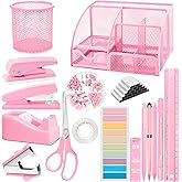Pink Office Supplies, 17Pcs Pink Desk Accessories Set Include Stapler, Mesh Desk Organizer, Tape Dispenser, Staple Remover, Pen Holder, Clips, Pens, Ruler, for Office Home School Women Students Gift