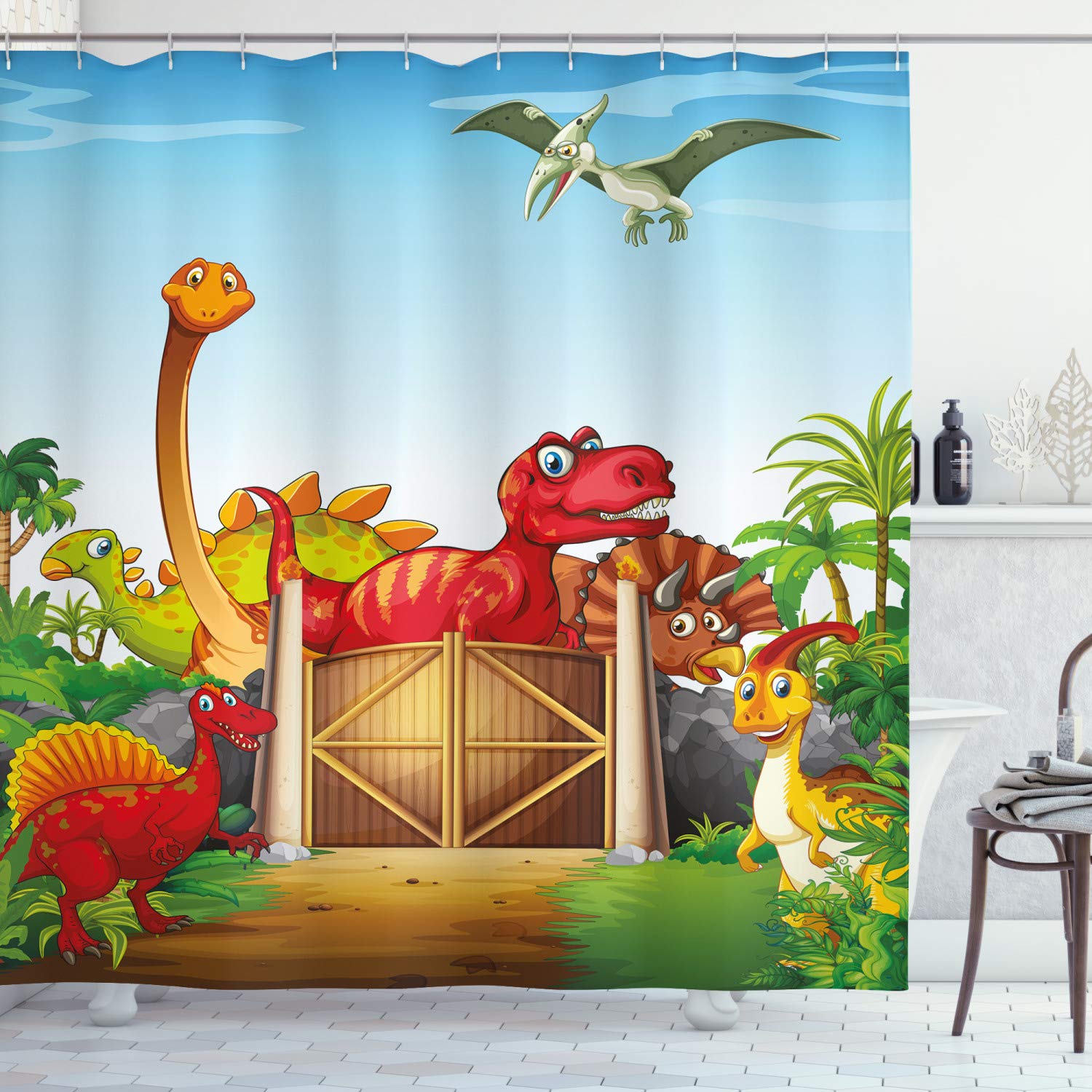 ABAKUHAUS Dino Shower Curtain, Cartoon Style Dinosaurs in a Dino Park Jungle Trees Wildlife Habitat Illustration, Cloth Fabric Bathroom Decor Set with Hooks, 175 x 240 cm, Blue Orange Green