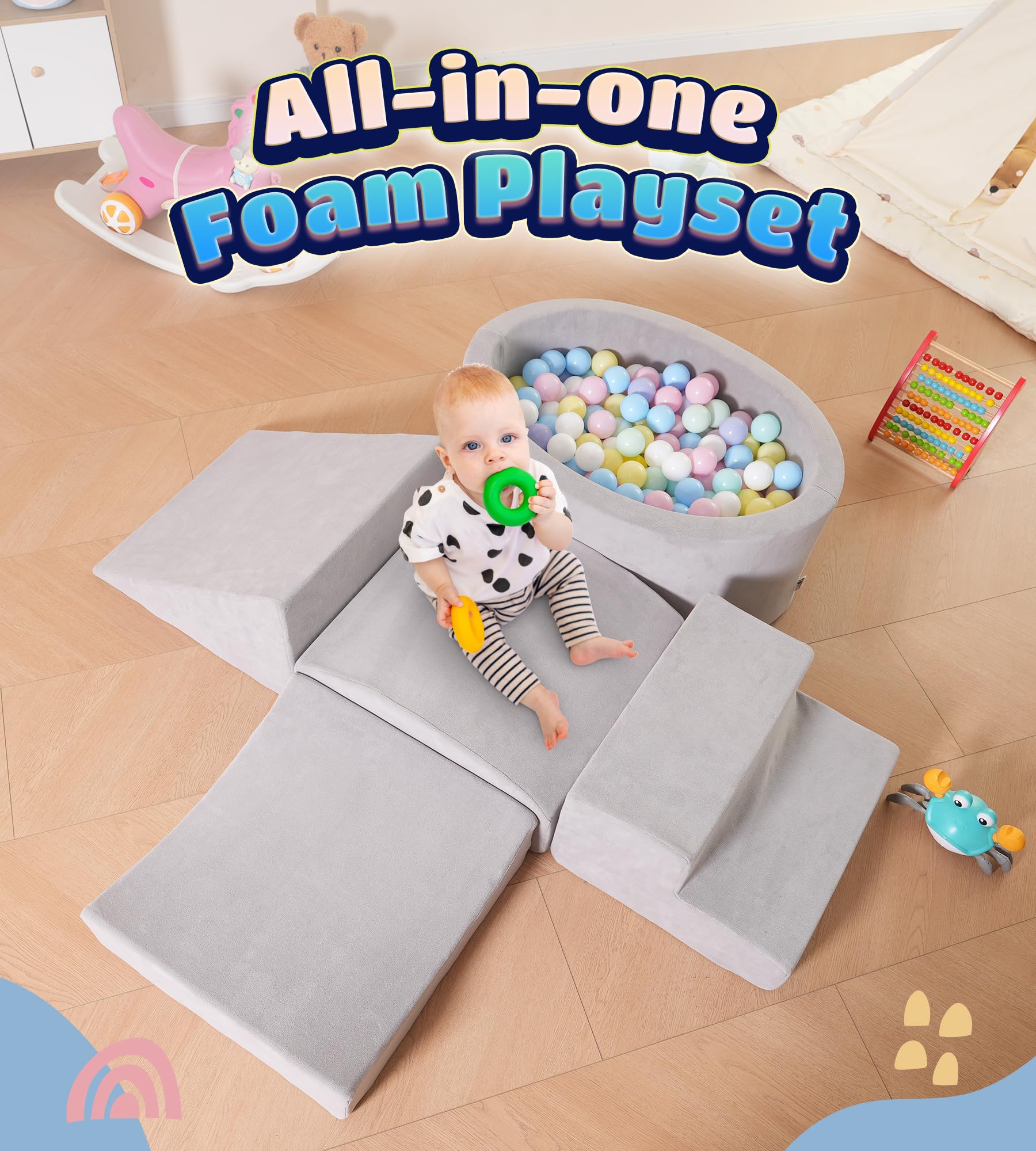 Elftopia Foam Climbing Blocks with Ball Pit Designed for Toddlers Aged 1-3 -Great for Indoor Crawling, Inside Foam Playground Set for Little Ones to Active Playing -(Balls NOT Included) Grey