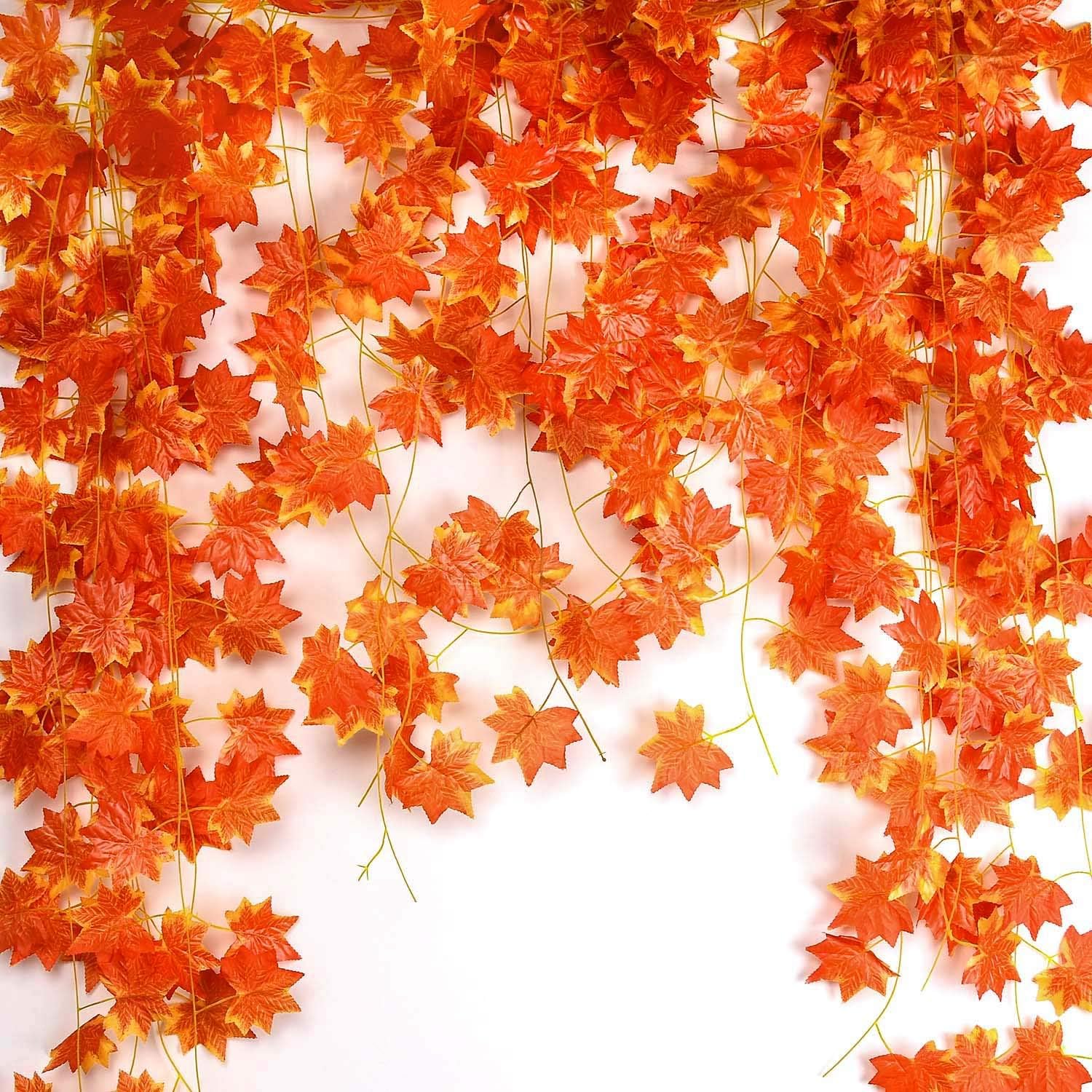 Noverlife 12 Pack 27.5m/90ft Artificial Maple Leaf Vine, Fake Foliage Autumn Leaves Garland Hanging Plant for Home Garden Hotel Wedding Party Festivals Decoration Christmas New Year