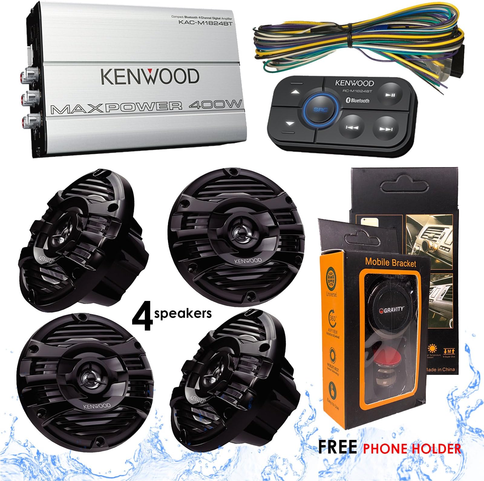 Kenwood KAC-M1824BT 4 Channels Amplifier with Bluetooth AptX + KFC-1653MRB 6.5" 2-Way Marine Speaker Boat-Yacht-ATV - 4 Speakers / 300W + Free Magnet Phone Holder
