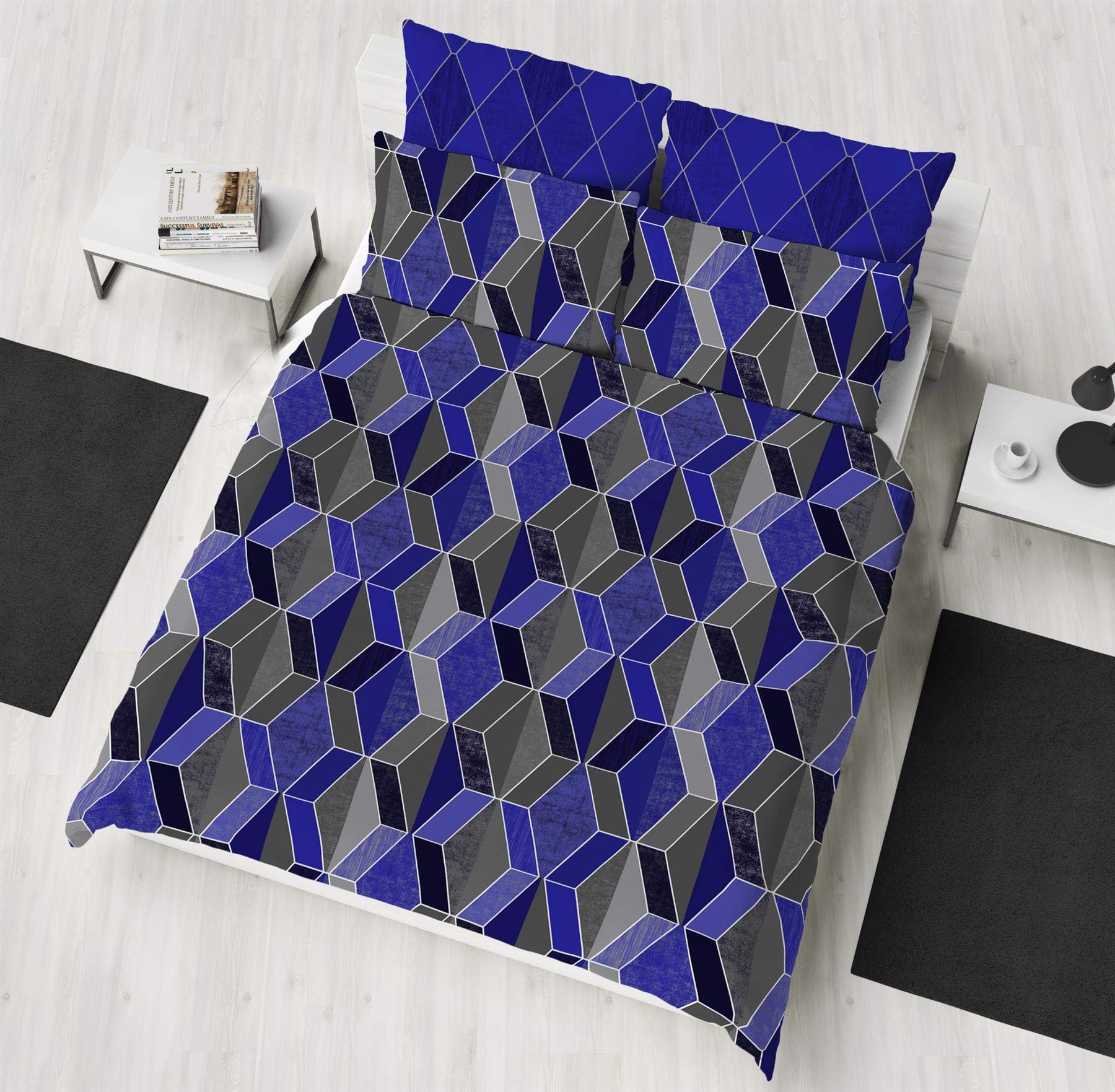 K Collection Geo Diamonds - Single/Double/King Duvet Cover Reversible Bedding Set - Polycotton - Berry, Navy, Mustard Grey