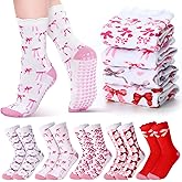 Jamntower 10 Pairs Pink Bow Valentine's Day Pilates Sock Gifts Grips Ruffle Cuff Grips for Girl Women Coquette Pink Bow Pilates Crew Socks for Women Crew Non Slip Cute Yoga Ballet Gift