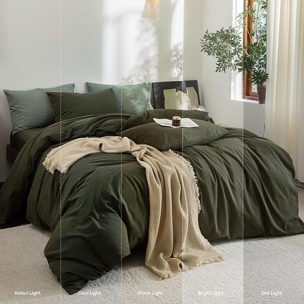 FOSSA DUVET COVER SET 100% WASHED COTTON LINEN FEEL SUPER SOFT BREATHABLE COZY 3 PIECES BEDDING SETS SOLID OLIVE GREEN QUEEN