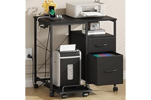 YAOHUOO Printer Stand with Power Outlet/Fabric Drawers, Printer Cabinet with Storage Shelf and Rolling Shredder Stand, Printer Table for Home Office, 25.6"×17.7" Black