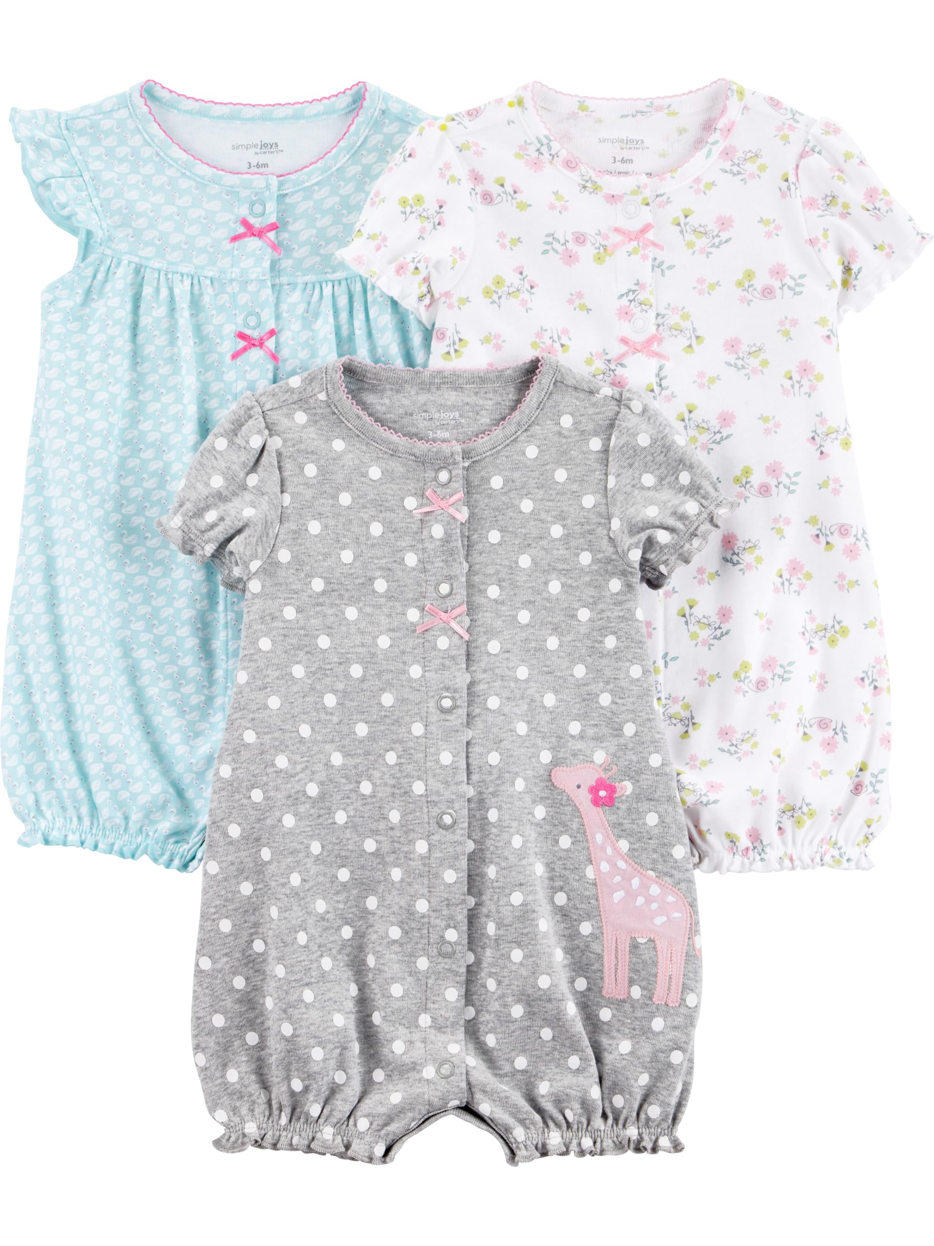 Photo 1 of Simple Joys by Carter's Baby Girls' 3-Pack Snap-up Rompers, Blue Swan/Grey Dots/White Floral, 12 Months