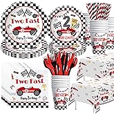 Suhelkit Two Fast Birthday Decorations Party Tableware, Red Race Car 2nd Birthday Party Supplies, Two Curious Paper Plate, Cup, Napkin, Tablecloth, Disposable Cutlery, Serves 24