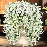 Vopie 4 Pcs Look Real Artificial Flowers for Outdoors, Artificial Hanging Flowers for Outdoors, UV Resistant Fake Hanging Plants Silk Petunia Flowers for Balcony Yard Spring Decor (White)