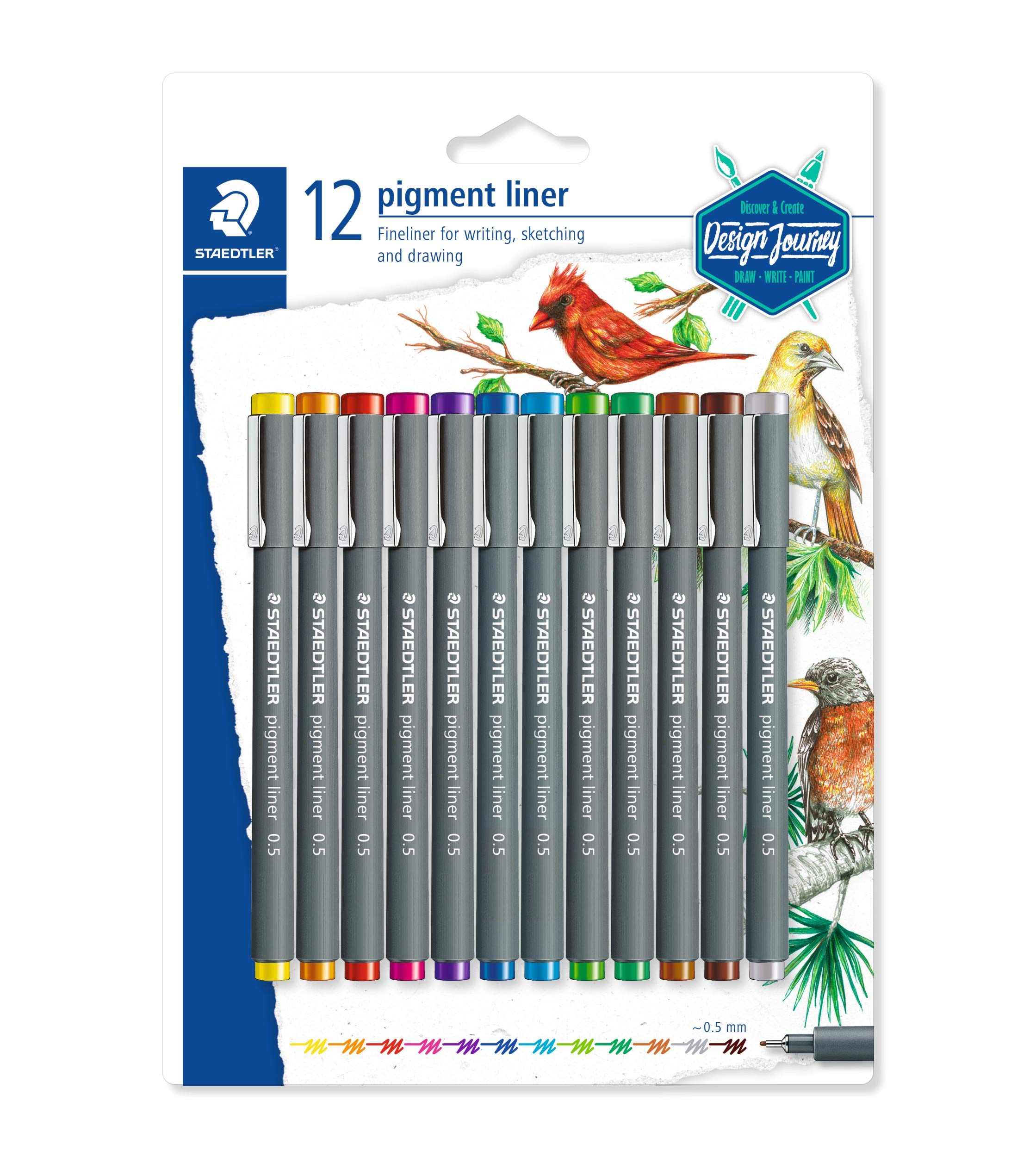 STAEDTLER 30805SBK12 Pigment Liner Pens - Assorted Colours, 0.5 mm (Set of 12)