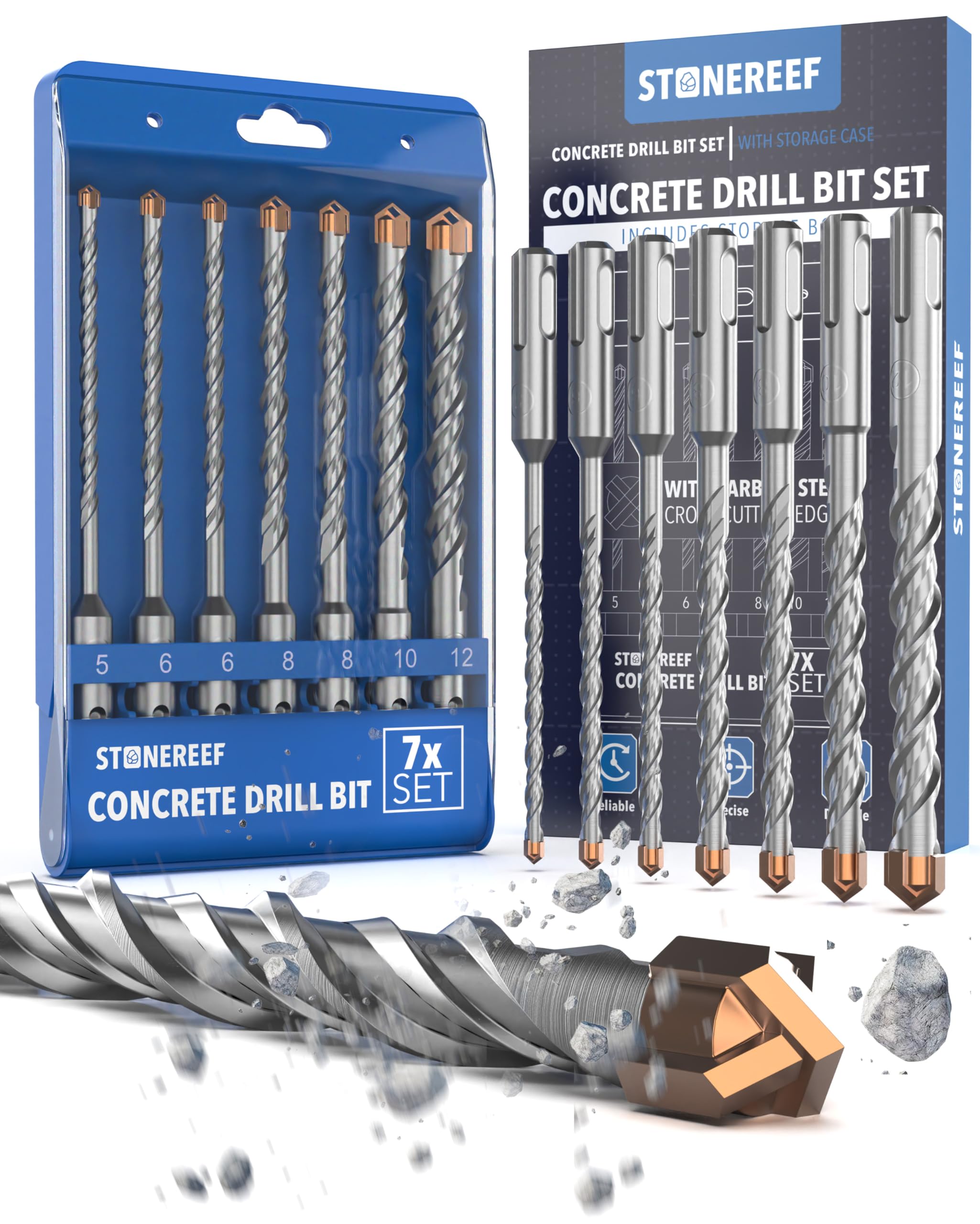 STONE REEF SDS Plus Professional Concrete Drill Bit Set Diameter 5 mm, 6 mm, 6 mm, 8 mm, 8 mm, 10 mm, 12 mm x 156 mm, Masonry Drill Set, Concrete, Wall Drill, Drill Set 7-Piece