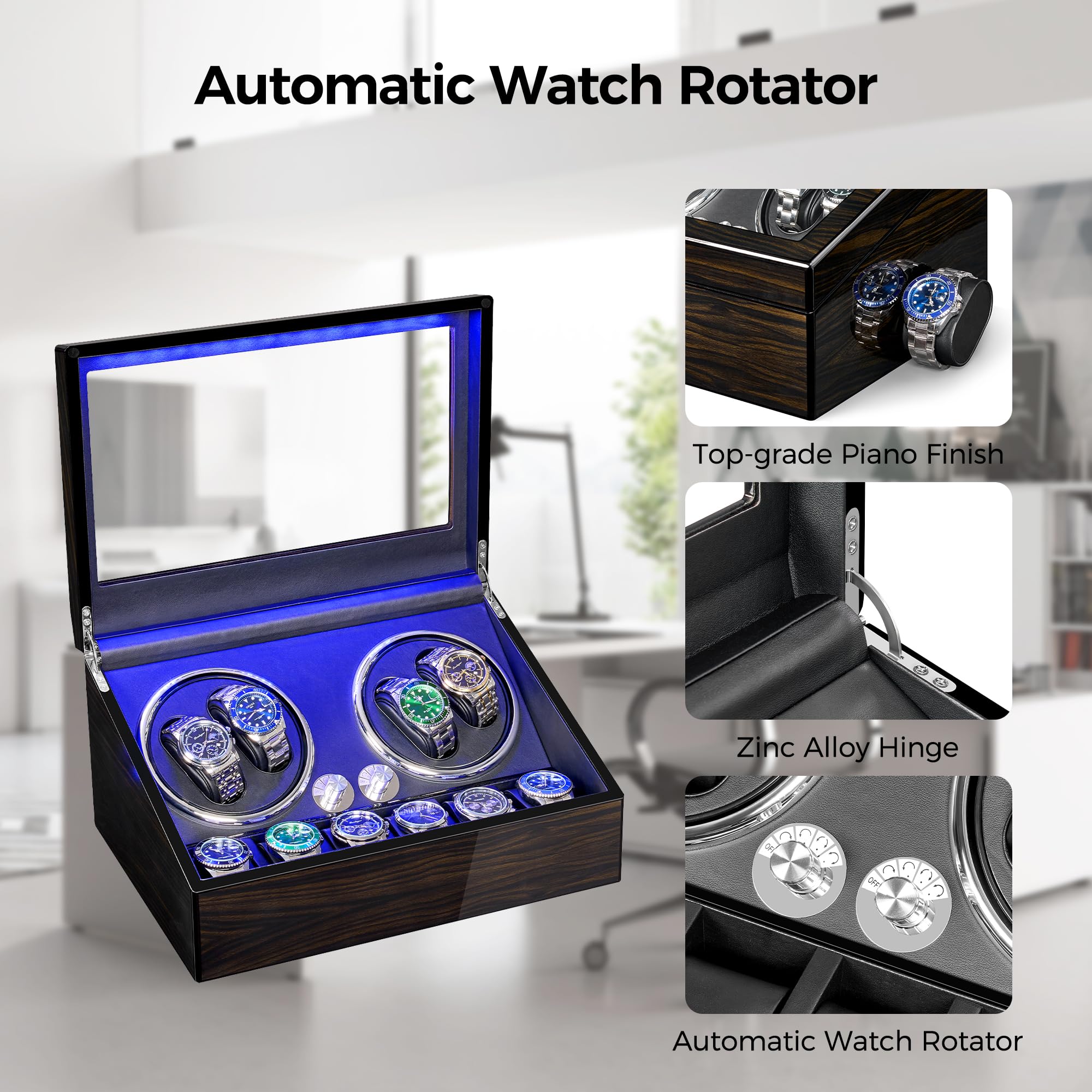 ANWBROAD Watch Winder for Automatic Watches 4 Watch Rotator and 6 Extra Storages with Super Quiet Mabuchi Motor LED Backlight Watch Turner Piano Paint Watch Shaker 4 Rotating Modes Gift USB UJWW002E