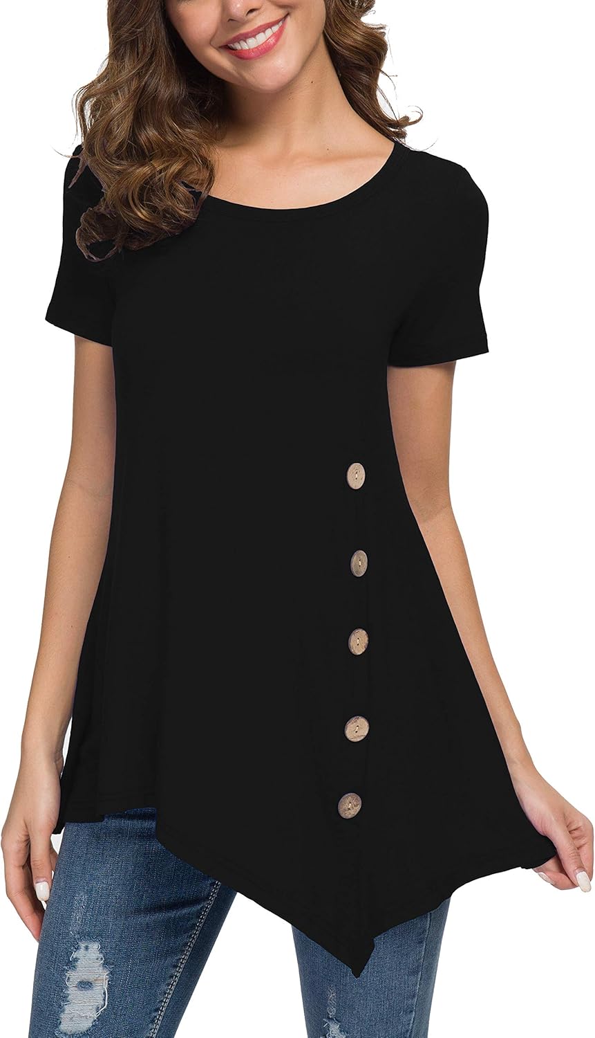 VIISHOW Women's Short Sleeve Scoop Neck Button Side T Shirts Loose Fitting Tunic Solid Color Tops Blouse at  Women’s Clothing store