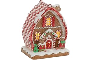 7.25" Tall Gingerbread House, LED Clay House Christmas Village Ornaments with Gingerbread Human Cookie and Christmas Pine Tre
