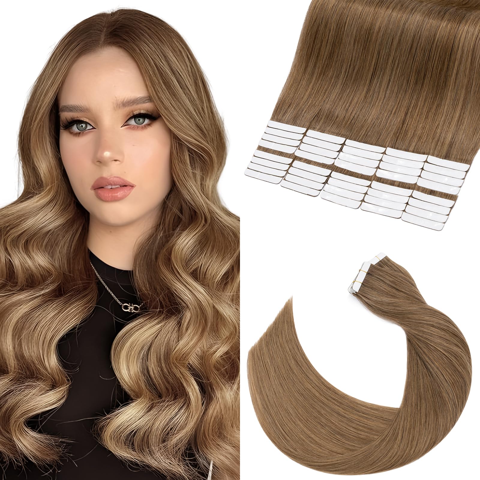Elailite Tape in Extensions Human Hair 40 Pcs Real Remy Hair Straight Invisible Seamless Skin Weft Extension (#6 Light Brown, 14 Inch-80g) — image 1