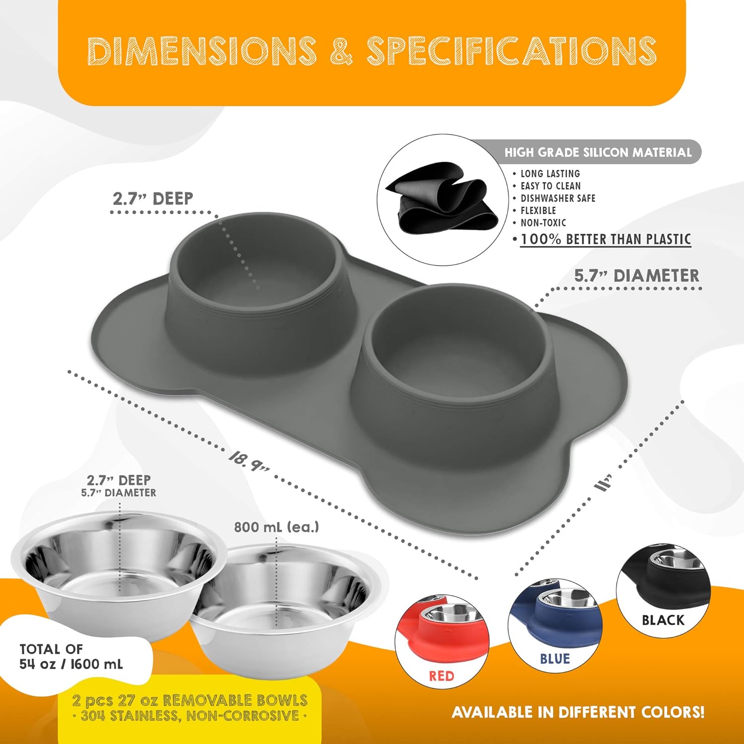 Kitchen & Dining : Dog Bowls & Mat Set - Two 27oz (54oz Total) Removable Stainless Steel Bowl Set in a Stylish No Mess, No Spill, Non Skid, Silicone Mat. Food & Water Bowls for Medium to Large Dogs Grey : 