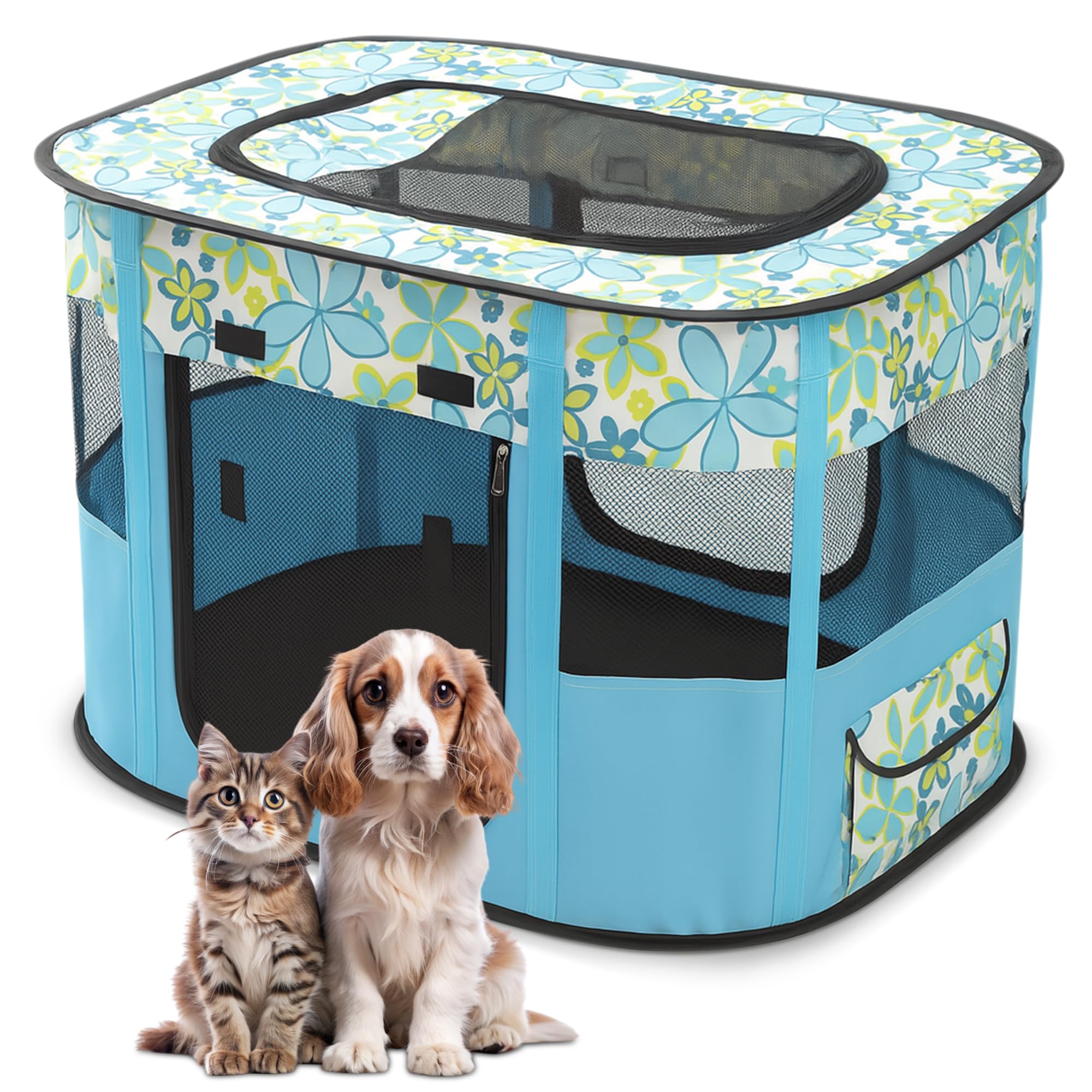 ALLSOPETS Cat Playpen for Dog, Foldable Pet Play Pen for Indoor Outdoor Use, Portable Dog Cat Crate Tent for Puppies Kittens, Pop-Up Pet Cage for Travel Camping (Blue Flowers, L)