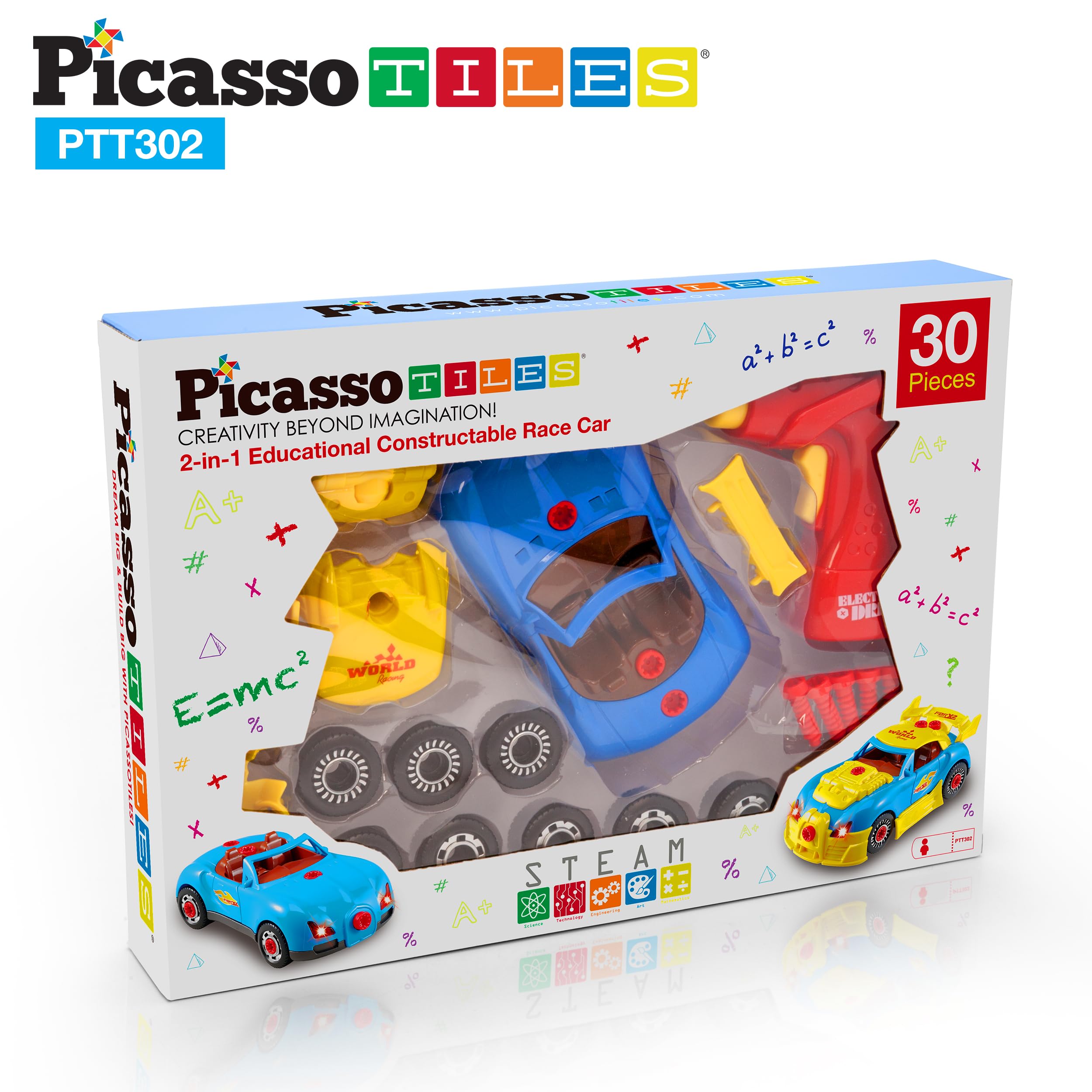 PicassoTiles Take-A-Part Race Car Set with LED, Engine Sound, Mini Electric Power Tool Reversible Drill, Screws Included PTT302 2-in-1 DIY Construction Build Your Own 30pc Racing Car S.T.E.A.M. Kit