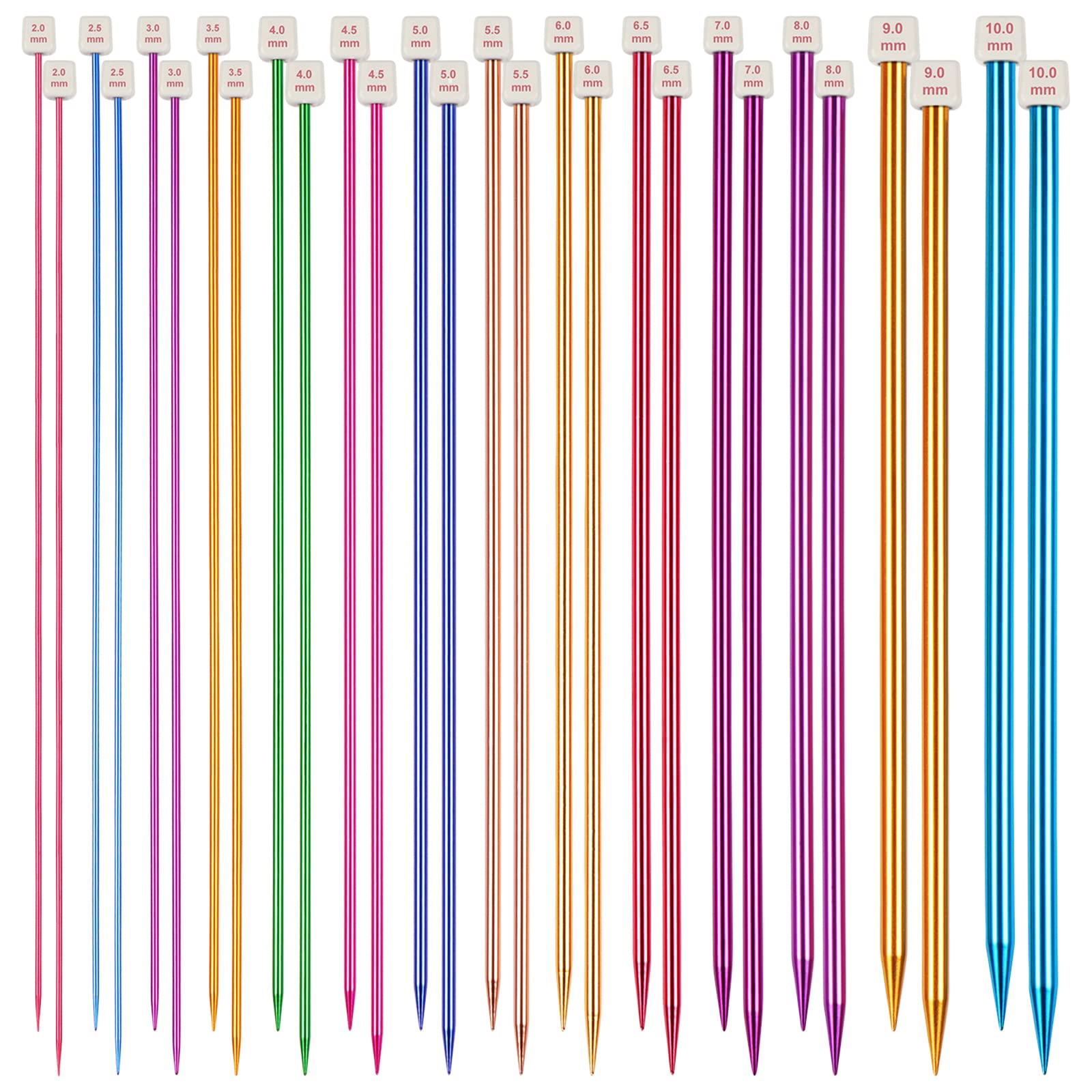 Aelike Coloured Knitting Needles Set - 35cm Long, 28 Pcs/14 Pairs Aluminium Single Pointed Needles 2mm-10mm, Long Knitting Pins for Blanket, Straight Metal Pins for Kids Beginners