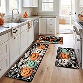 VISSTREE Halloween Kitchen Mats Set of 3, Spooky Pumpkin Kitchen Rugs | Absorbent, Non-Slip, Floor Mat, Halloween Holiday Indoor Sink Laundry Home Floor Decorations, 16x28, 16x47 Inch