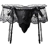 ABAFIP Men's Frilly Skirted Sissy Lace Thongs Panties Low Waist G-string Garter Belt Crossdressing Lingerie Underpants