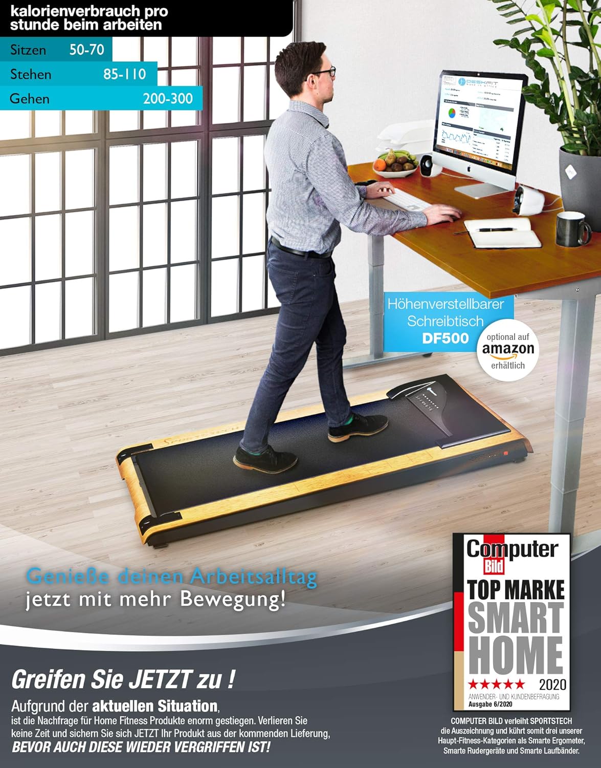 Deskfit Laufband Fur Schreibtisch Fit Gesund Im Buro Zu Hause Bewegung Ergonomisches Arbeiten Sehr Leise Easy Verstaubar Inkl Praktischer Tablet Halterung Fernbedienung App Dft0 Amazon De