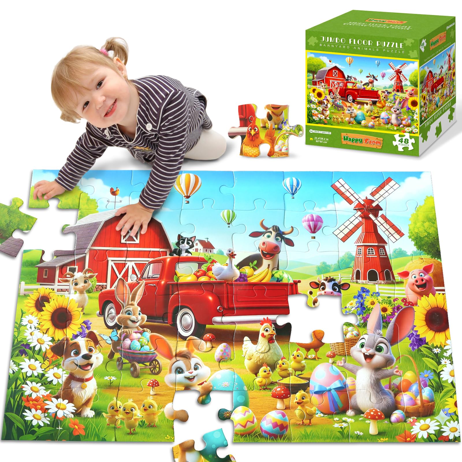 Yokachi 48 Piece Jumbo Floor Puzzles for Kids Ages 3-5 4-8, Spring Farm & Eater Theme Jigsaw Puzzles Fun Educational Preschool Learning Toy Easter Gifts for Kids