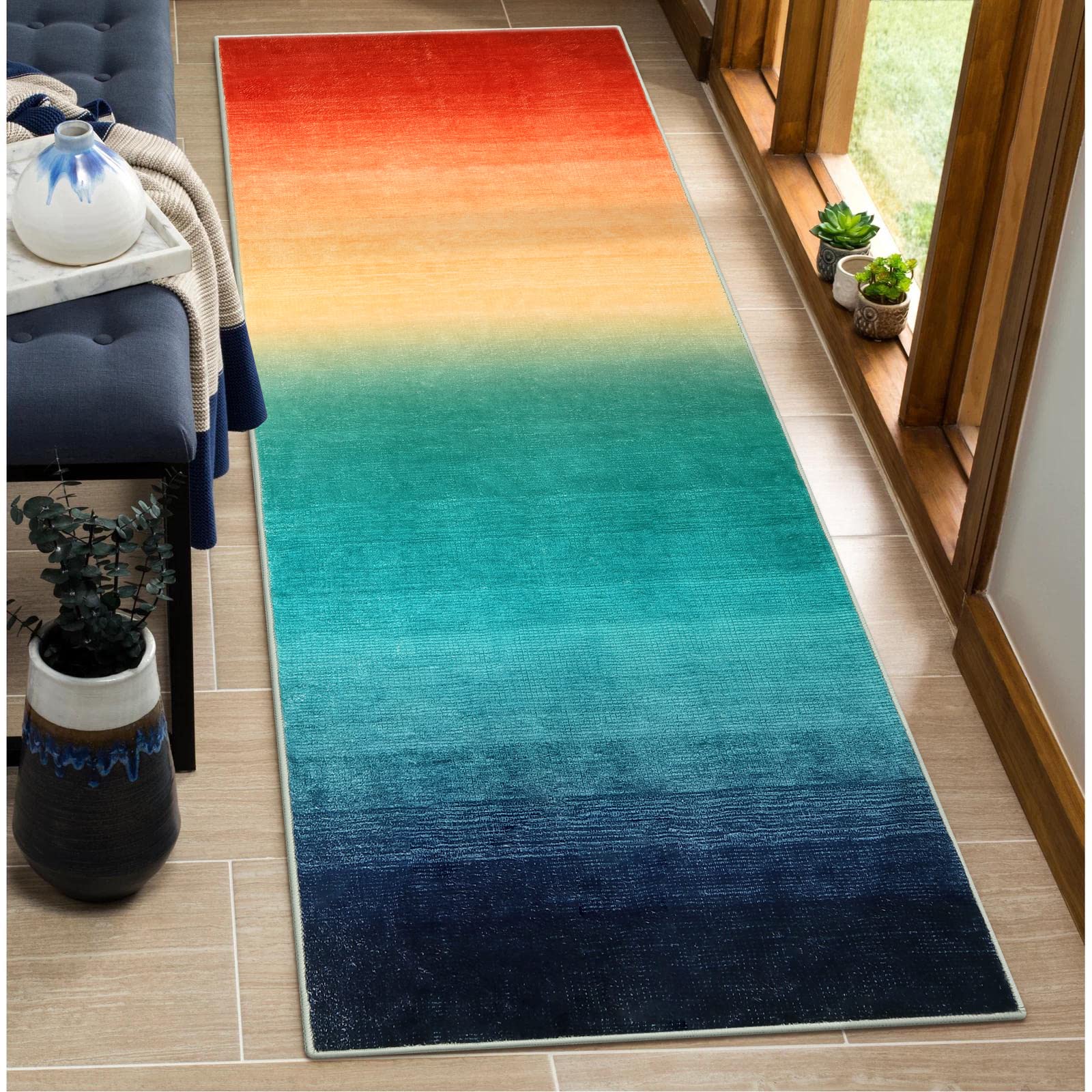 Photo 1 of Wonnitar Washable Runner Rug for Hallway 2x6, Modern Ombre Colorful Kitchen Non-Slip Rug Runner, Contemporary Non-Slip Rainbow Abstract Laundry Carpet Runners for Bathroom Entrance (Colorful, 2'x6')