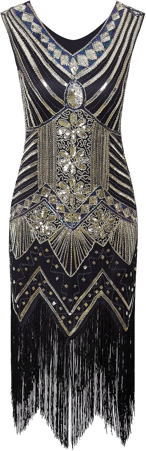 Vijiv Women 1920s Gastby Sequin Art Nouveau Embellished Fringed Flapper Dress