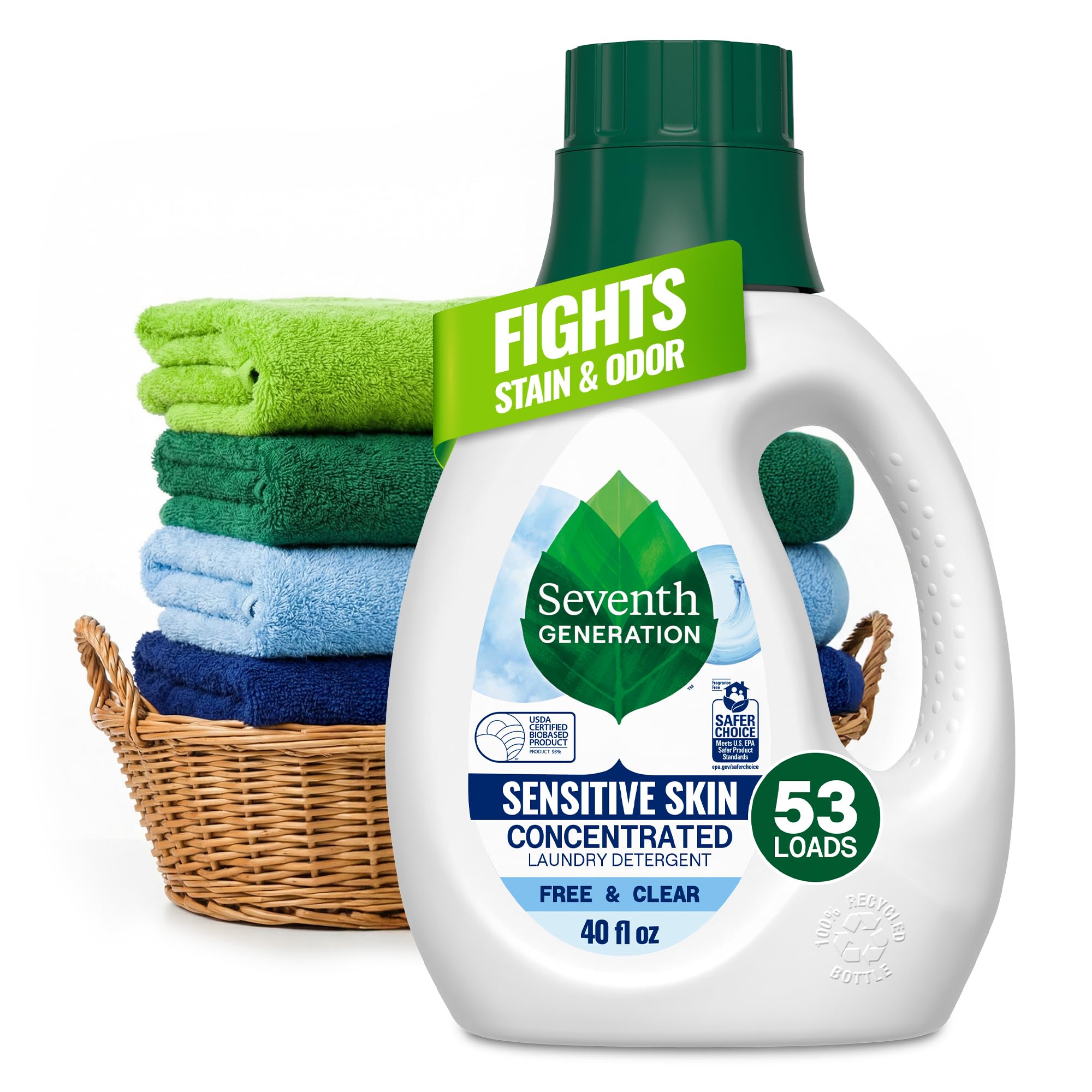Seventh Generation Concentrated Free & Clear Laundry Detergent, 40 oz, No Dyes or Fragrance, Sensitive Skin Liquid Laundry Soap Targets Stains and Everyday Messes With Biobased Formula