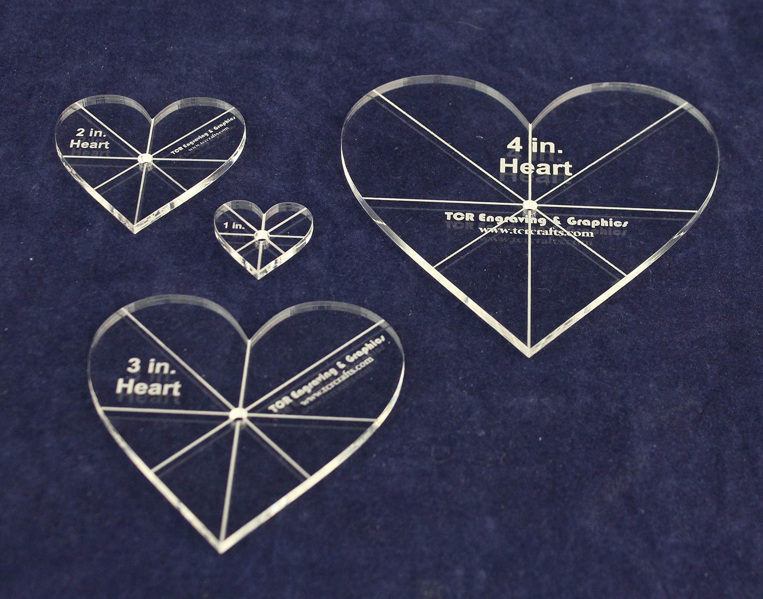 Heart Template 4 Piece Set. 1,2,3,4 Inch - Clear 1/8" Thick w/guidelines
