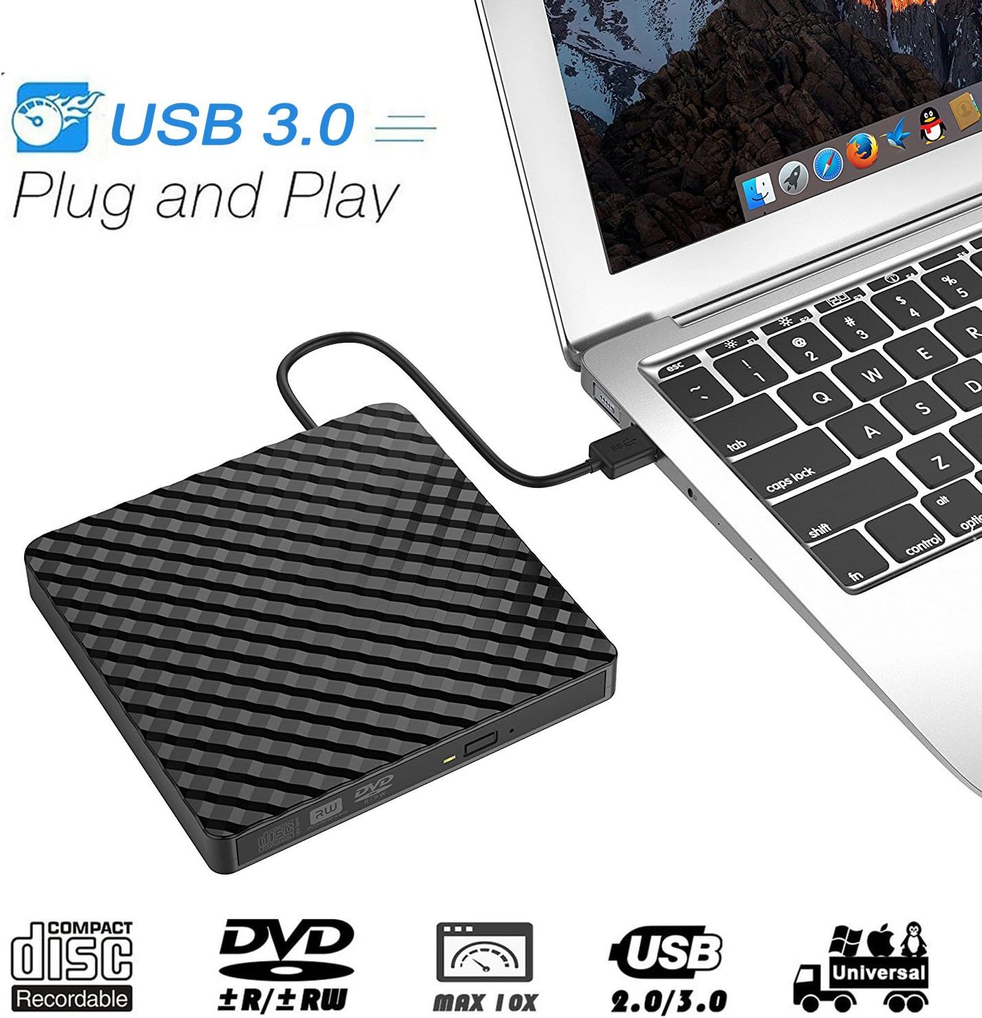 Ploveyy External DVD Drive CD Drive, USB 3.0 CD Player for Laptop DVD Burner & RW Writer for Laptop, Desktop & MacBook, Mac OS and Windows 7/8/10 (Black)