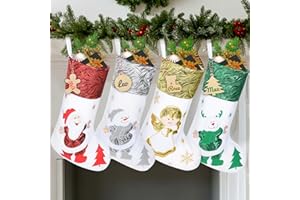 DAILYART Personalized Stockings Christmas - 18.5 Inches Large Christmas Stockings with Diy Hanging Wooden Names Tags Decorations - White Christmas Stockings 4 Pack for Mantels Xmas Tree Family Holiday Decor