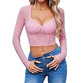 Avidlove Women Mesh Tops Long Sleeve Sparkle Crop Top Square Neck Y2K Date Night Outfits S-XXL