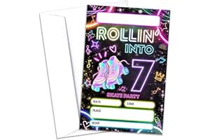 SAHJZK 7th Roller Skating Birthday Party Invitations, 20 Pcs Skate Party Invitations with Envelopes, Roller Skate Theme Birthday Invites for Boys Girls, 7th Birthday Party Supplies (4x6 inch)