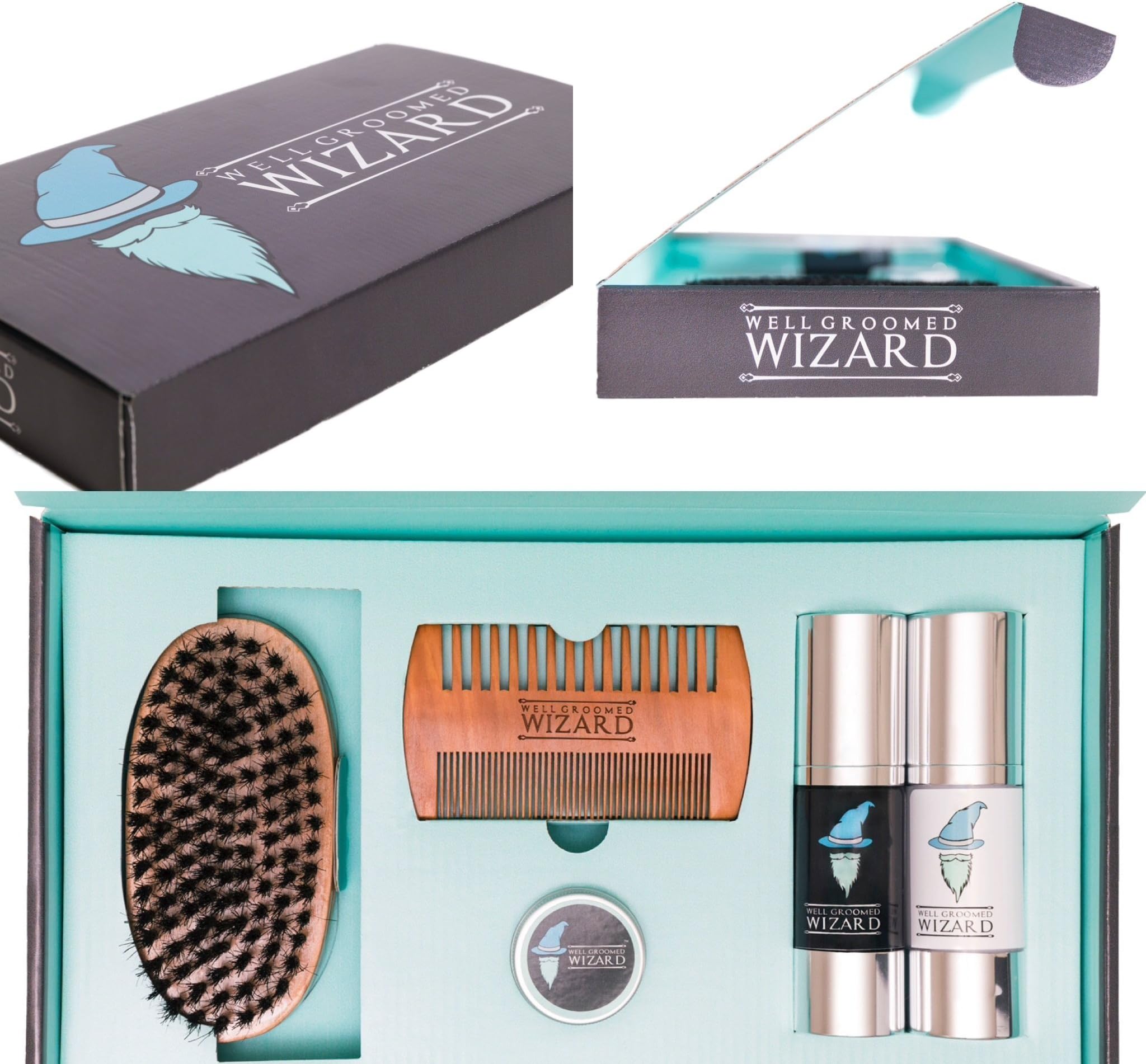 Well Groomed Wizard Beard Grooming Kit Gift Set, Beard Brush, Wax, Balm, Comb & Beard Oil