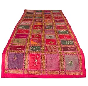 Tribe Azure Fair Trade Pink Table Runner Cotton 18" x 58" Handmade Embroidered Boho Bohemian Colorful Patchwork Indian Decoration Reception Party Wedding Decor Tapestry