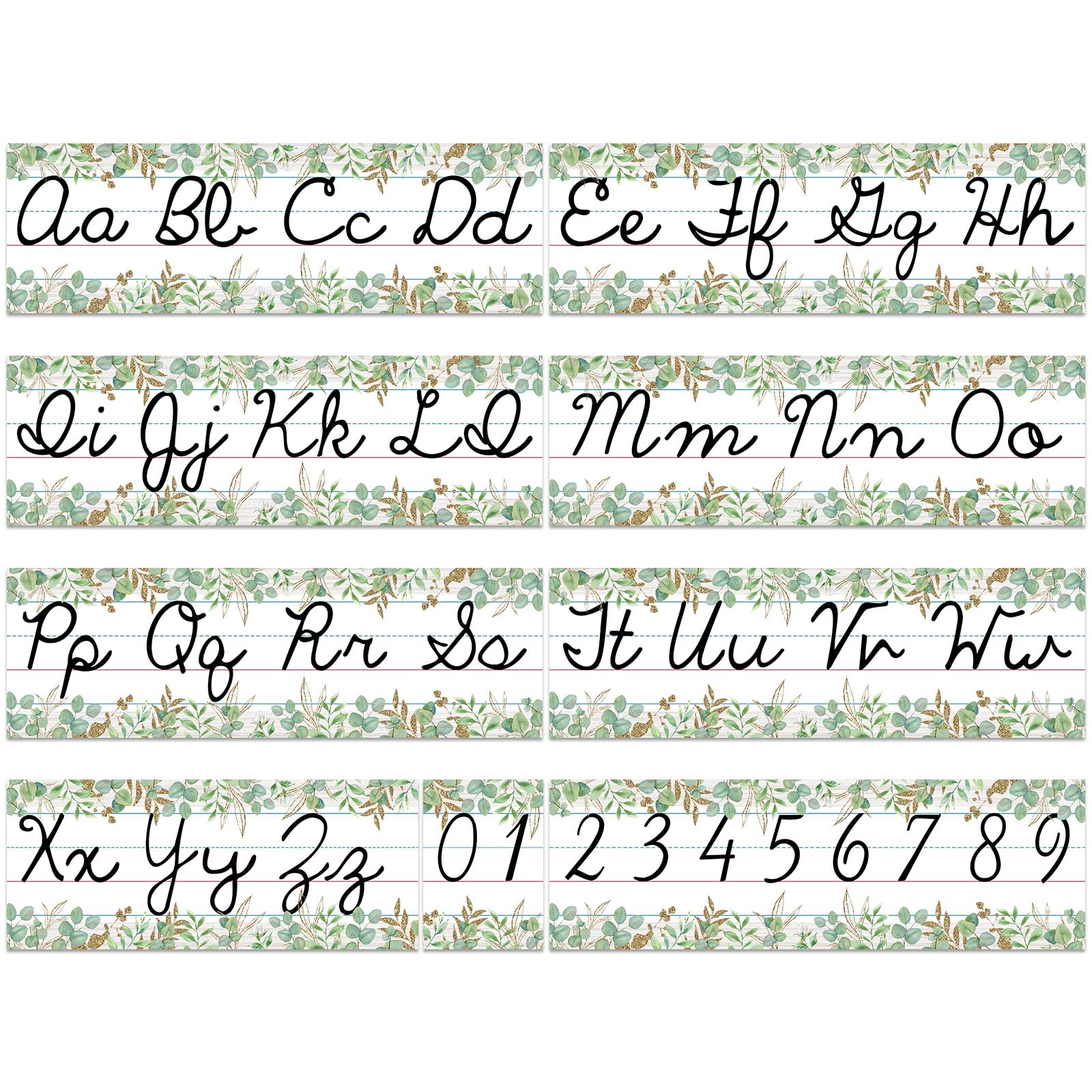 Photo 1 of Humyoun Set of 9 Cursive Writing Bulletin Board Cursive Alphabet Wall Strip for Teacher Supplies, Classroom Teaching Tool, Homeschooling, Kids Education (Eucalyptus)