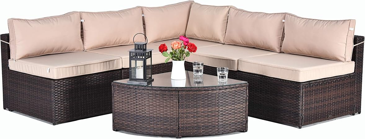 Gotland 6 Piece Outdoor Rattan Sectional Sofa Patio Wicker Furniture Set With Pe Wicker Weather Cushions Tea Table Wedge Table